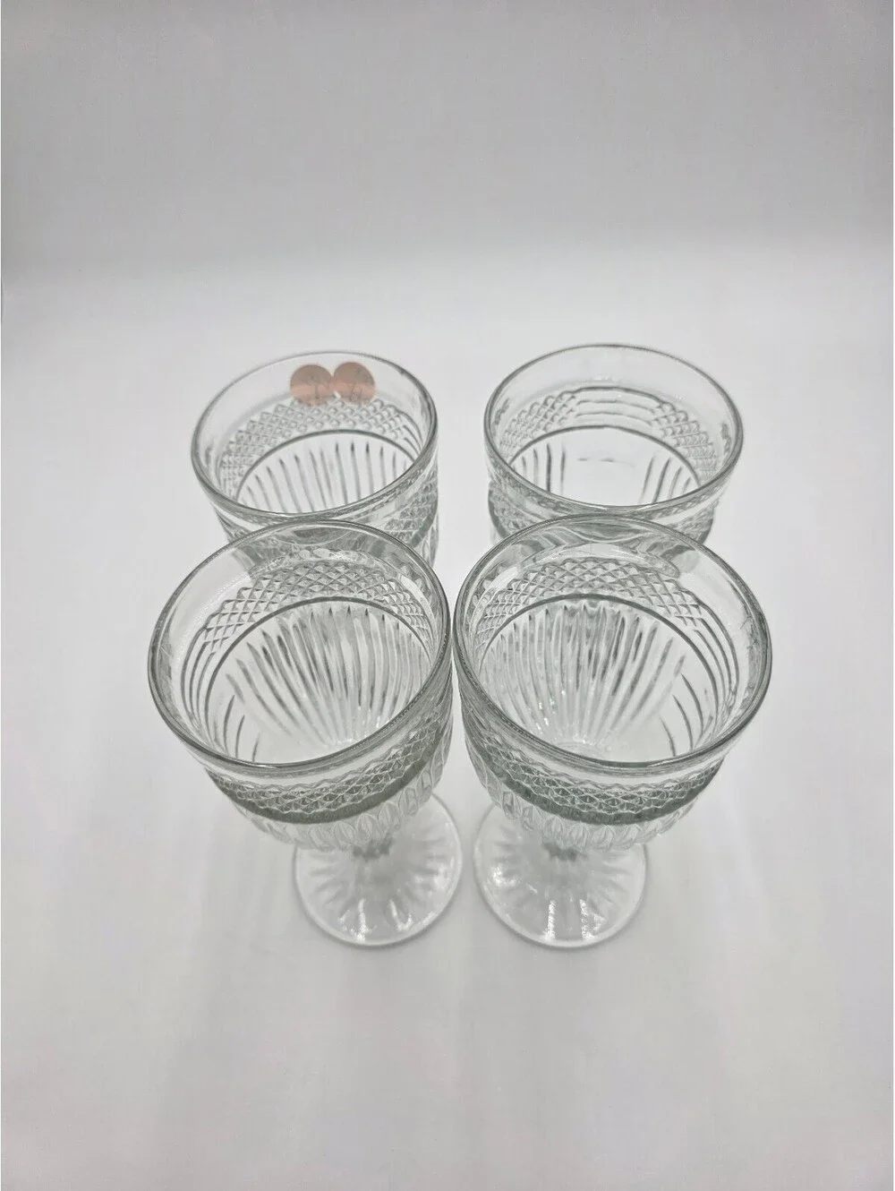 Set of 4 Clear Vintage Patterned Glass Goblets